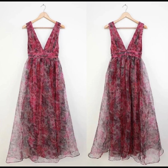 Magenta Watercolor Floral Print Organza Maxi Dress 🌿 - Picture 5 of 10